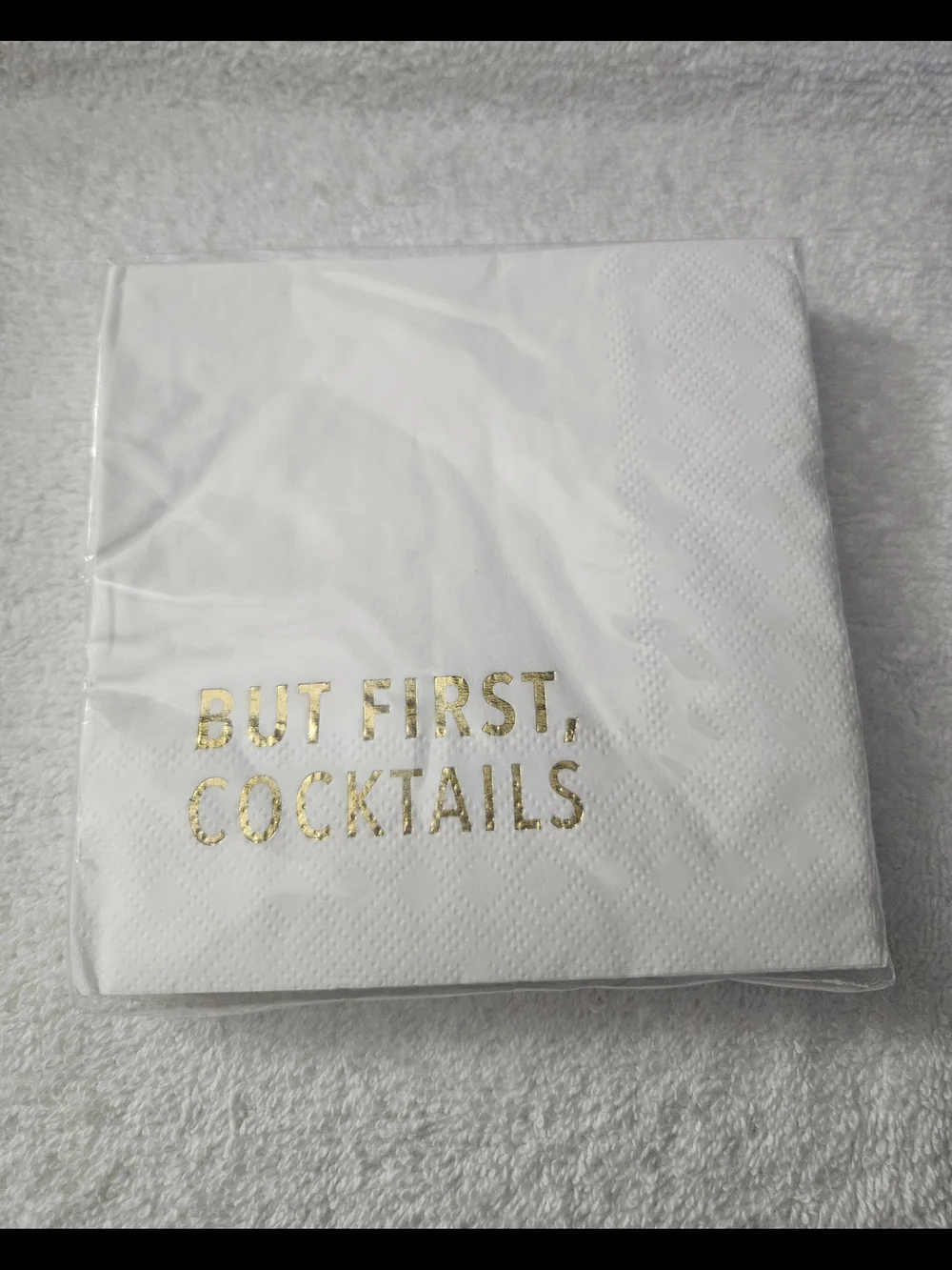 Spritz White Beverage Napkins with Gold Text 'But First, Cocktails' 30 CT 2-PLY